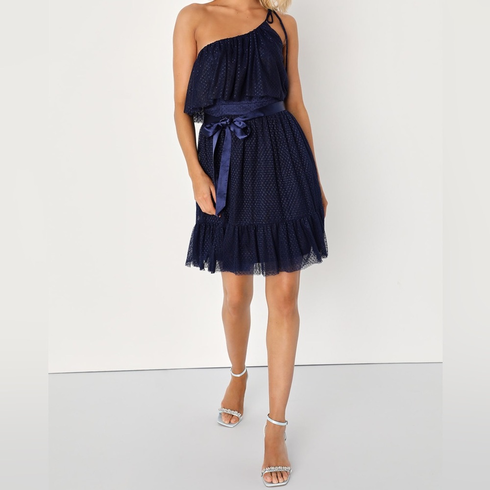NEW Lulus Adorable Event Navy Blue Mesh One-Shoulder Swiss Dot Mini Dress Large